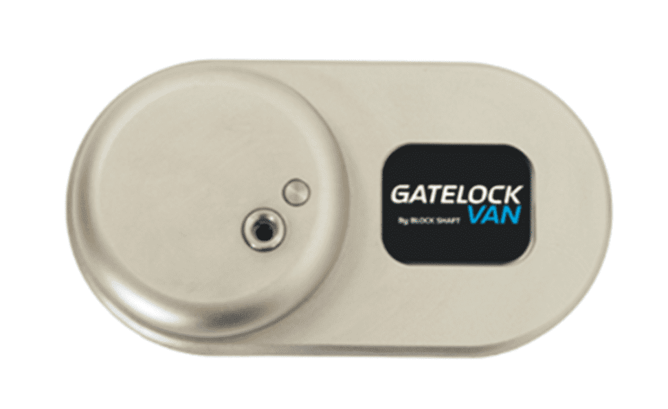 Silver van lock with a round keyhole and a GATELOCK VAN label on a rectangular black background.