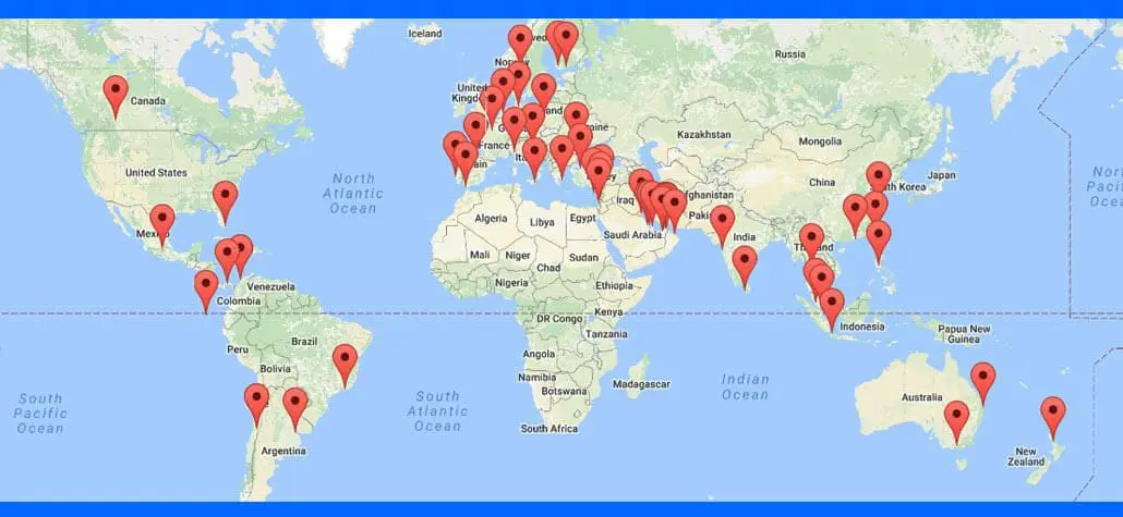 World map with red location pins marking cities across Europe, the Americas, Asia, Africa, and Australia.