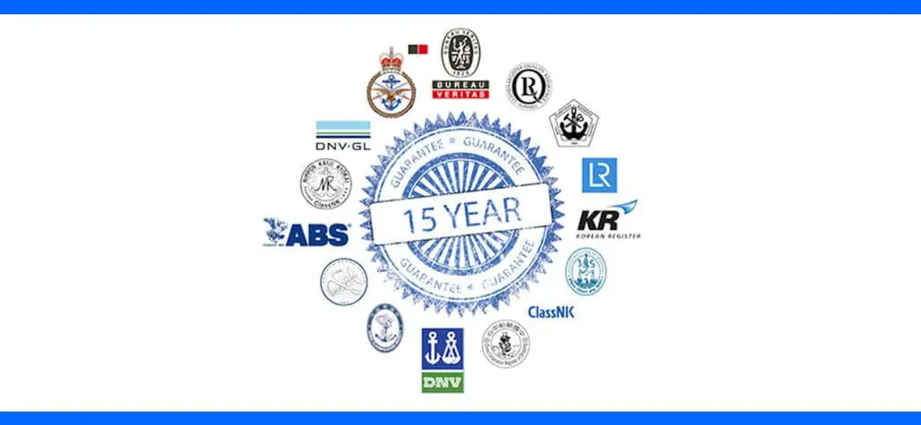 A blue 15 Year Guarantee seal surrounded by various maritime certification logos on a white background.