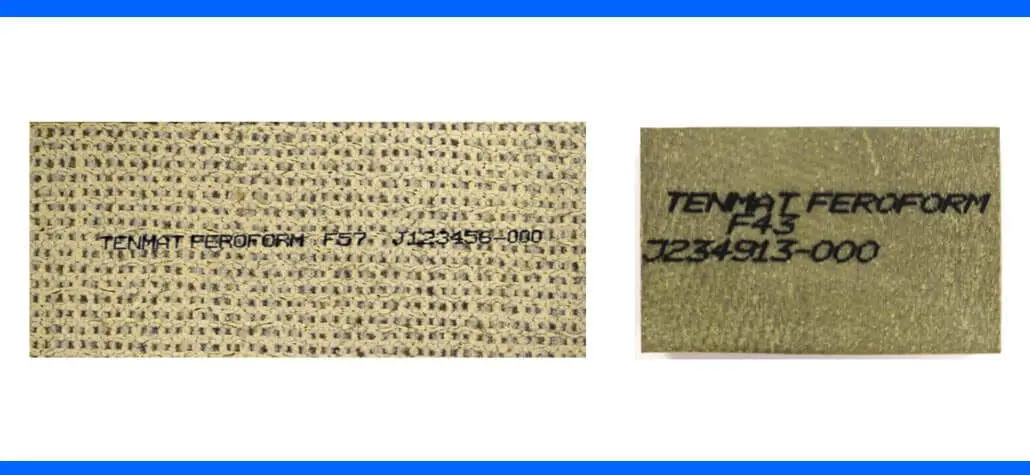 Two rectangular Tenmat Feroborm material samples with printed codes on a white background.