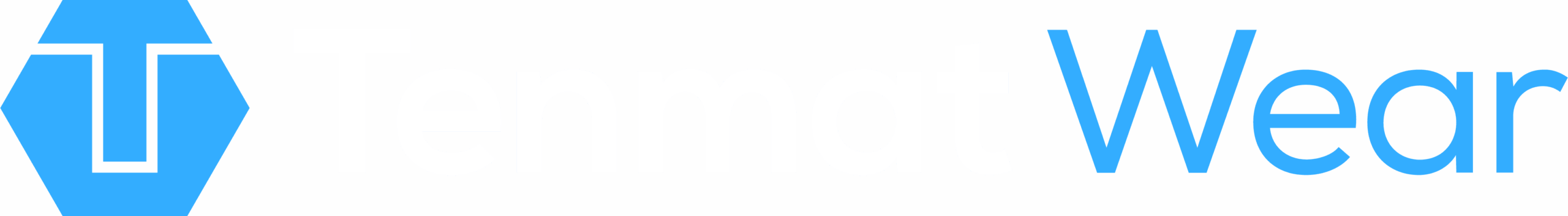 Tenmat Wear logo with stylized blue hexagon and white and blue text on a transparent background.