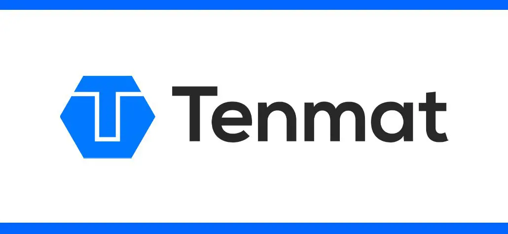 Blue hexagon logo with a white T next to the word Tenmat in bold black text on a white background.
