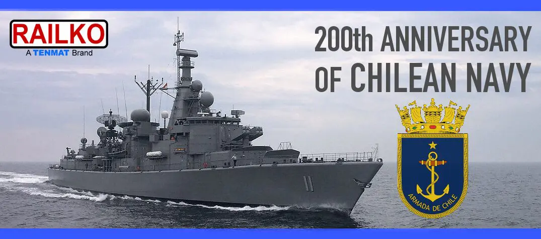 A Chilean navy ship with the navy emblem and text: 200th Anniversary of Chilean Navy.