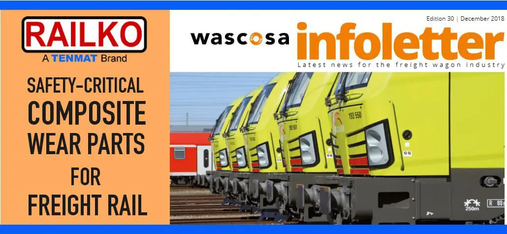 Orange banner with yellow trains, SAFETY-CRITICAL COMPOSITE WEAR PARTS FOR FREIGHT RAIL and company logos.