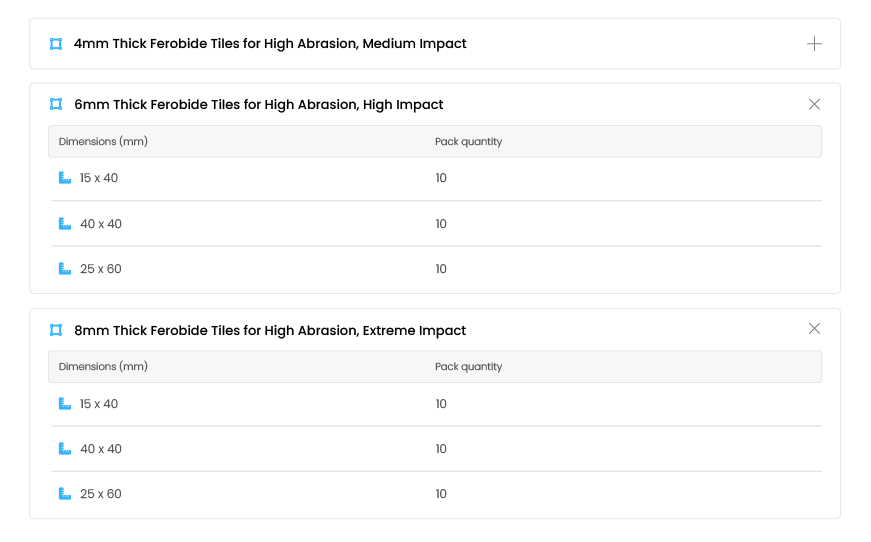 Table listing ferobide tiles in 4mm, 6mm, and 8mm thicknesses with dimensions and pack quantities.