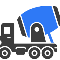 Icon of a cement mixer truck with a blue drum and black cab, facing right.