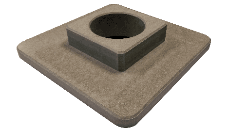 A square, textured, flat object with a round hole in a raised center section.