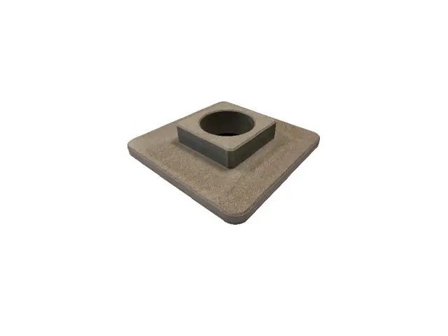 Square concrete base with a central circular hole, likely for supporting a pole or post.