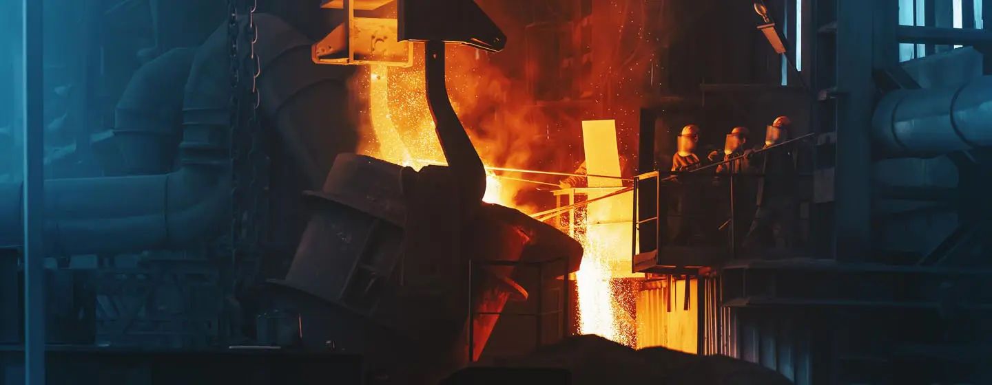 Molten metal pouring from a large crucible in an industrial foundry with workers observing nearby.