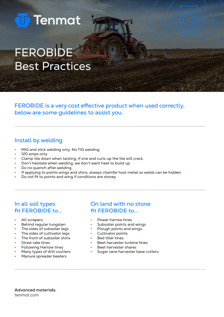 Poster for FEROBIDE best practices, listing installation tips and suitable applications for welding use.