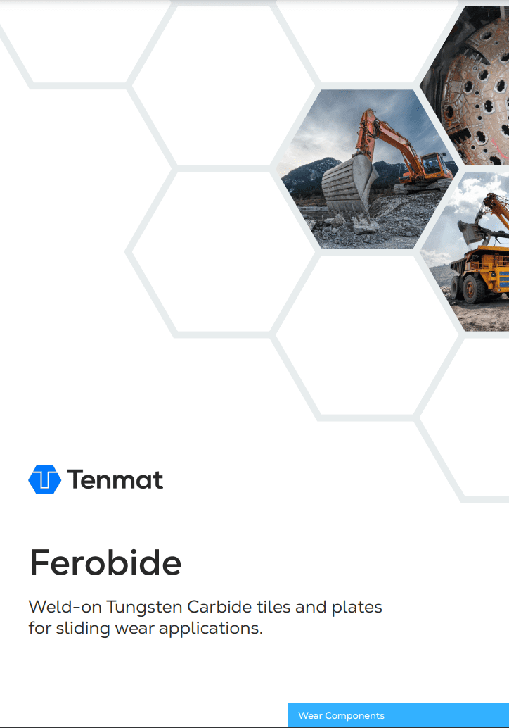 Tenmat Ferobide ad with construction vehicles and equipment images inside hexagons.