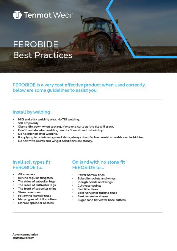 A tractor works in a field; text explains FEROBIDE best practices for welding and applications.