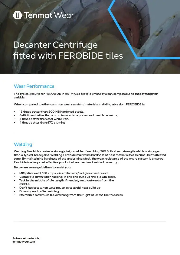 A product info sheet for Tenmat Wears decanter centrifuge with FEROBIDE tiles.