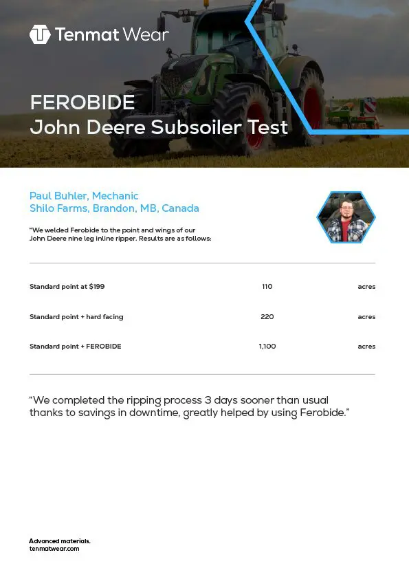 A tractor works in a field; a chart compares subsoiling results using Ferobide.