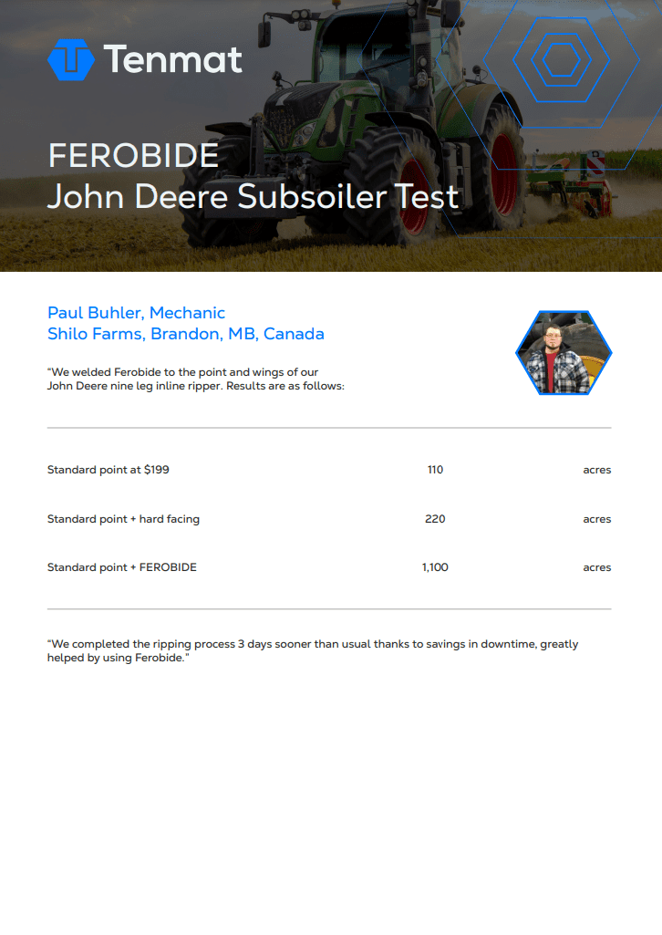 A tractor in a field; testimonial and stats for Ferobide on John Deere subsoiler, with a mechanic’s photo.