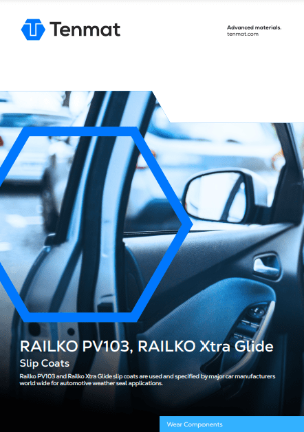 Close-up view of a car door and side mirror, with Tenmat branding and product text overlay.