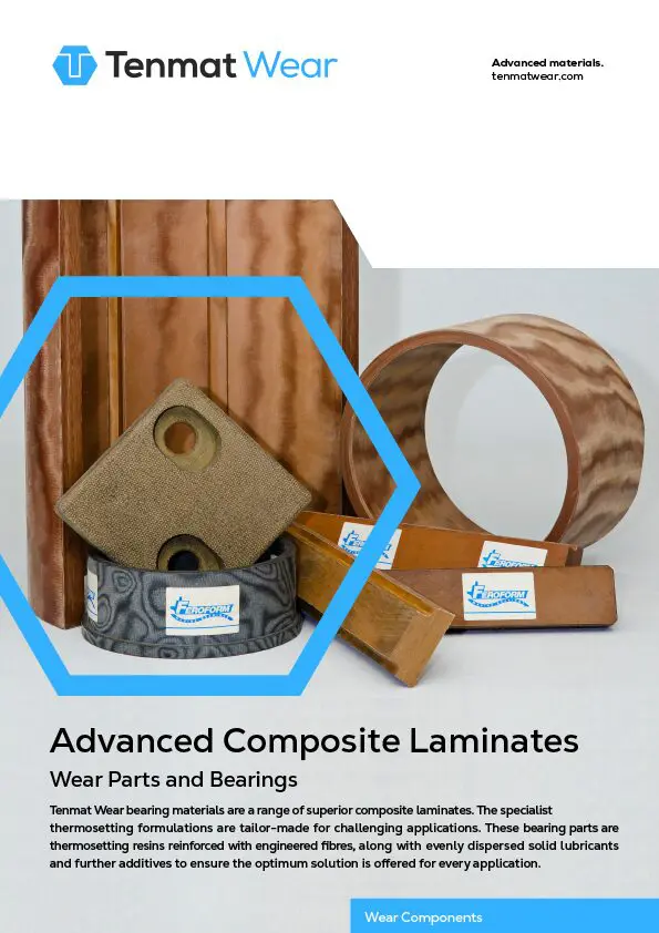 Cylindrical and rectangular composite bearing parts with Tenmat Wear labels on a light background.