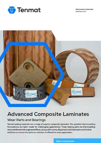 Various brown and gray composite bearing parts are displayed with Tenmat branding and product information text.