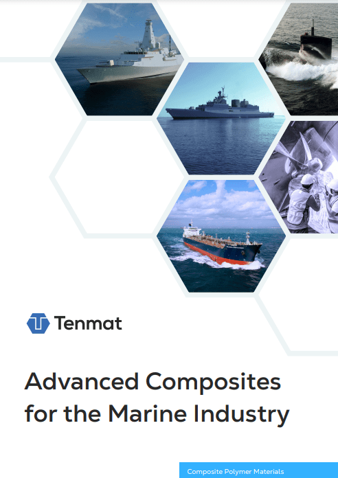 Hexagonal collage of ships and marine scenes above Advanced Composites for the Marine Industry by Tenmat.