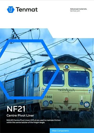 A yellow freight train under overhead wires, with blue hexagon graphics and Tenmat NF21L Centre Pivot Liner text.