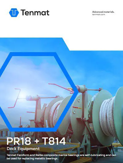 Winch equipment on a ship deck with Tenmat branding and text about PR18 + T814 deck equipment bearings.