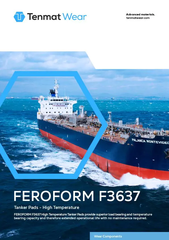 A large cargo ship sails on the ocean; Tenmat Wear branding and FEROFORM F3637 text overlay.