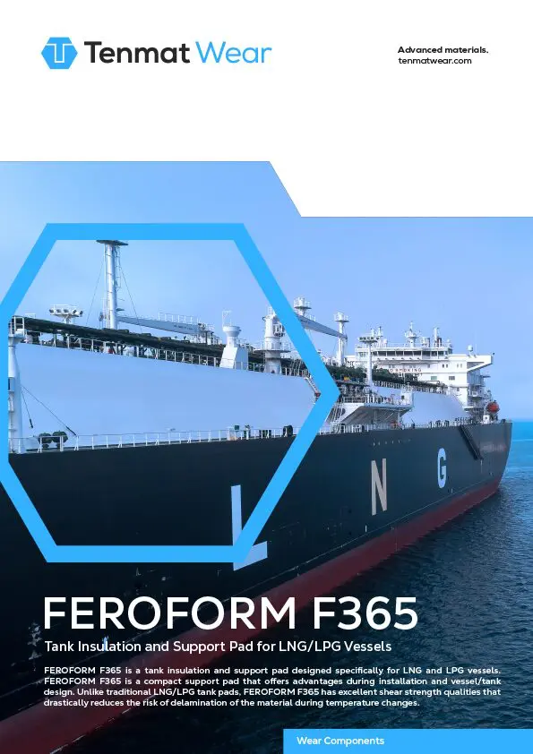 Large LNG ship docked at port, featuring FEROFORM F365 insulating pad advertisement.