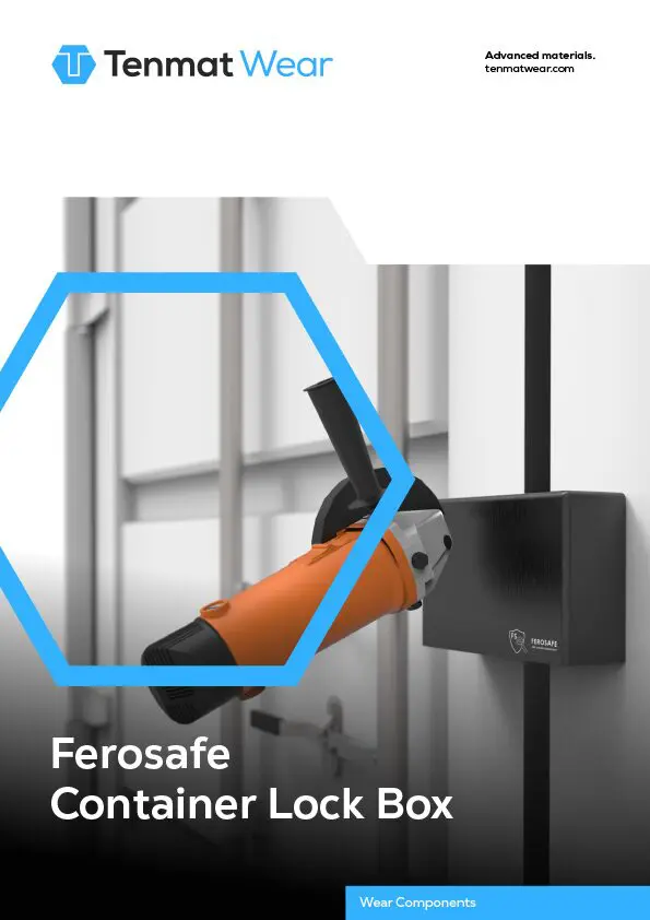 A power tool cutting a lock box on a container door, with Tenmat Wear branding.