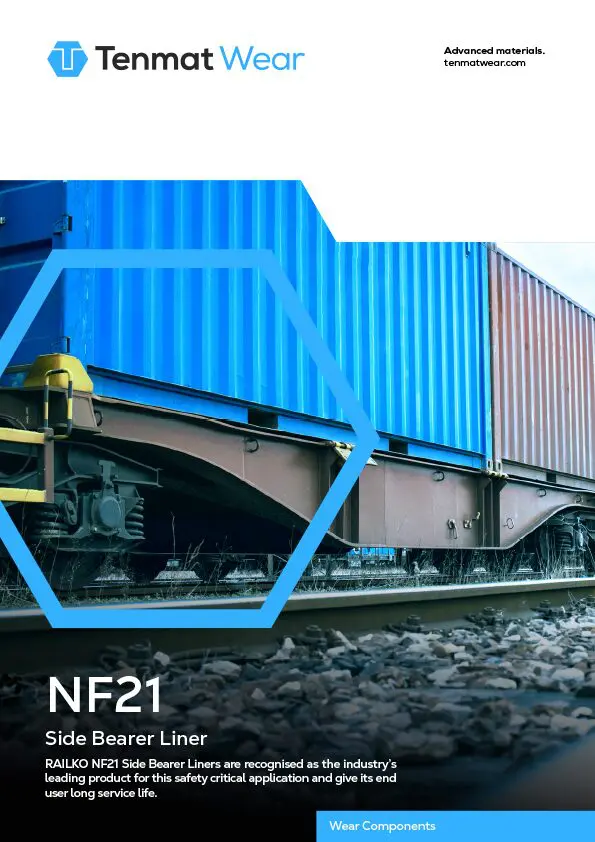 A blue freight train with shipping containers on railway tracks, promoting NF21 Side Bearer Liner.