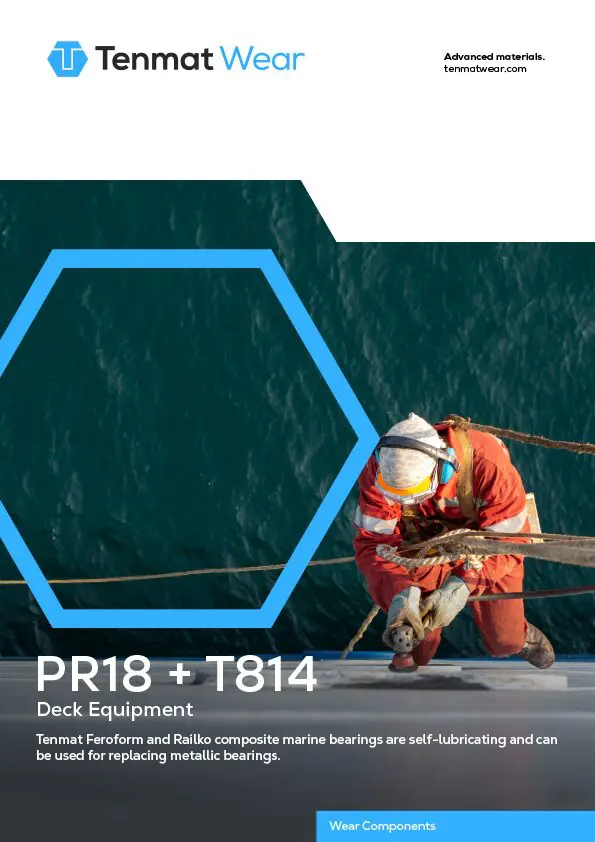 A worker in safety gear climbs ropes on a ships deck, with marine equipment text overlays.