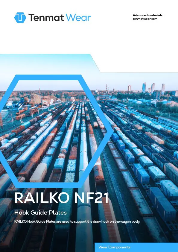 Aerial view of railway yard with many trains, overlaid with blue hexagons and product text.