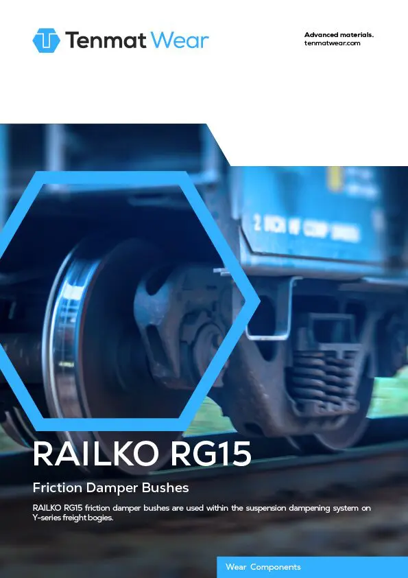 Close-up of a train’s wheel and suspension, with Tenmat Wear branding and product text overlay.