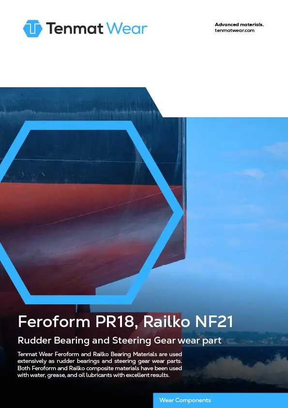 Close-up of a ship’s hull with Tenmat Wear branding and product details for marine components.