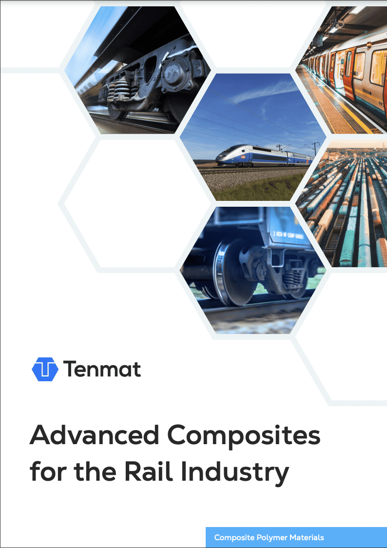Hexagonal collage of trains and railways with Advanced Composites for the Rail Industry text and Tenmat logo.