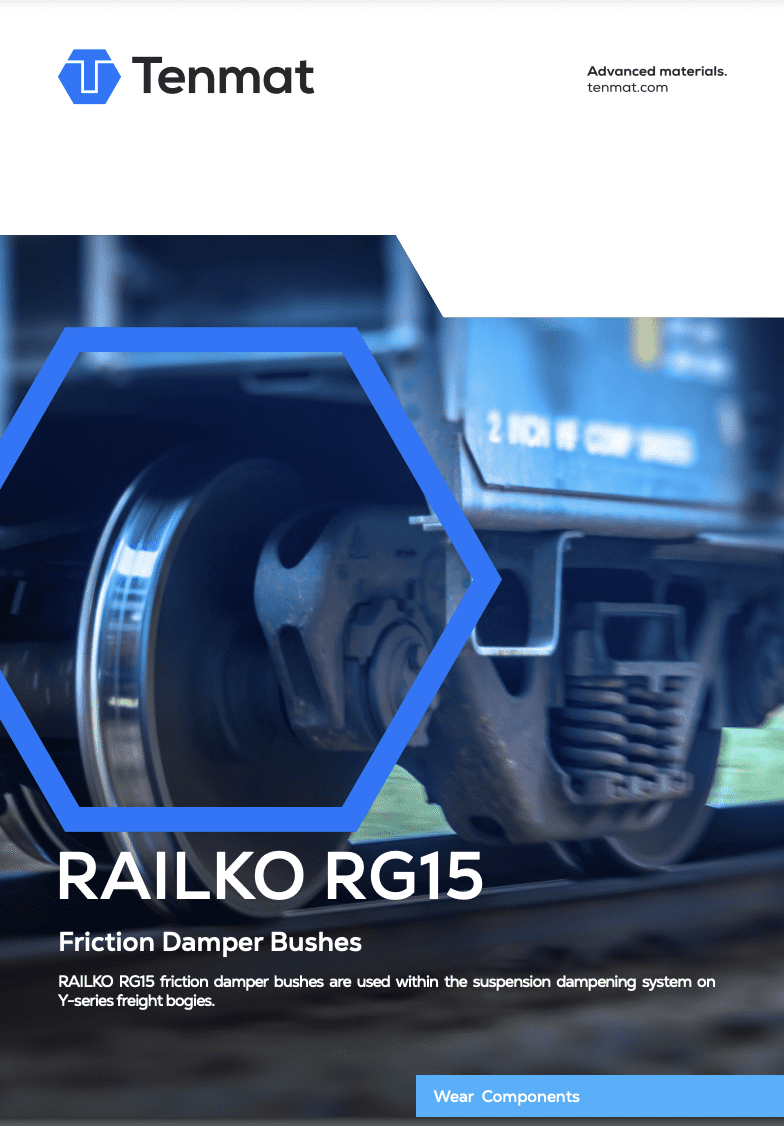 Close-up of a train wheel with text about Railko RG15 friction damper bushes by Tenmat.