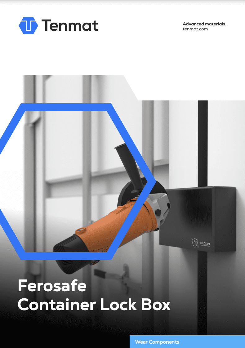 A power tool is cutting a Ferrosafe container lock box on a white metal storage unit.