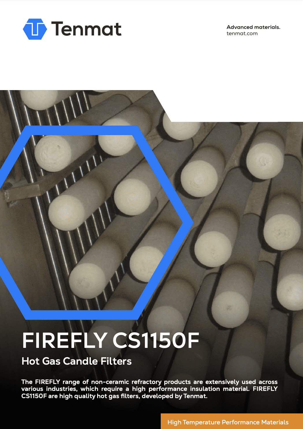 A group of cylindrical hot gas candle filters stacked together, with the Tenmat logo and product details above.