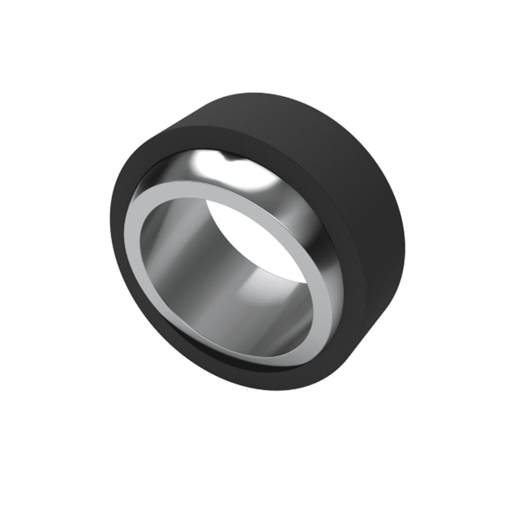 A metallic ring with a thick, matte black outer band against a plain white background.