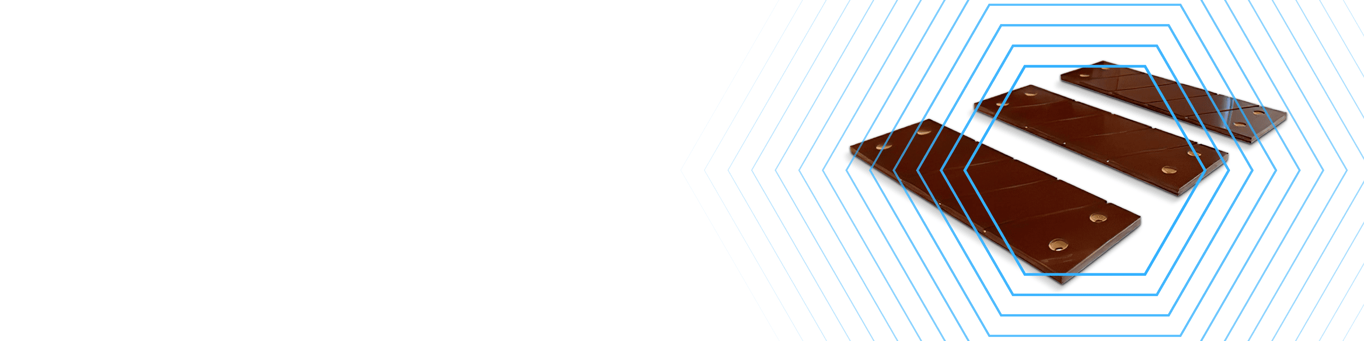 Three chocolate bars placed on a white surface with blue hexagonal line patterns in the background.