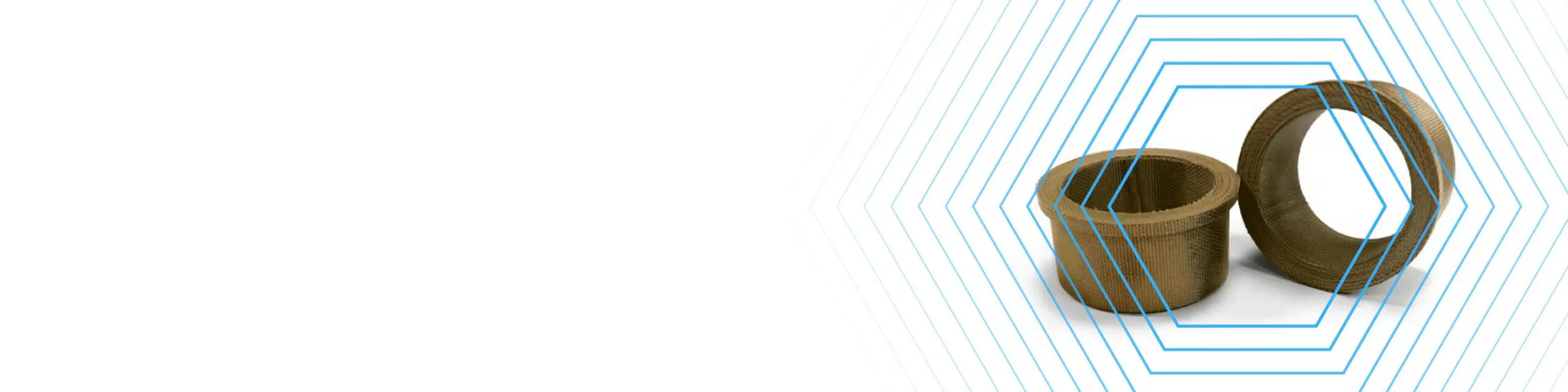 Two brown cylindrical bushings with blue geometric hexagon lines on a white background.