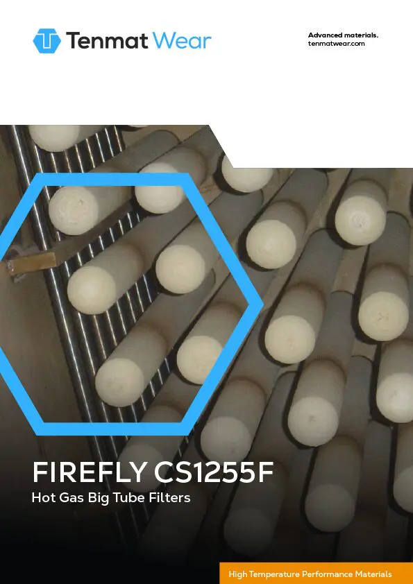 Close-up of cylindrical tube filters, labeled Firefly CS1255F Hot Gas Big Tube Filters.