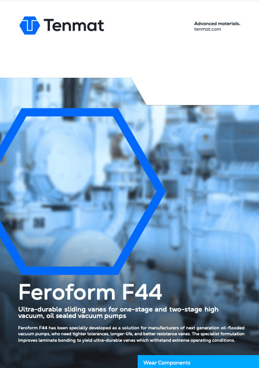 Tenmat Ferroform F44 promotional image with industrial equipment background and product description text.