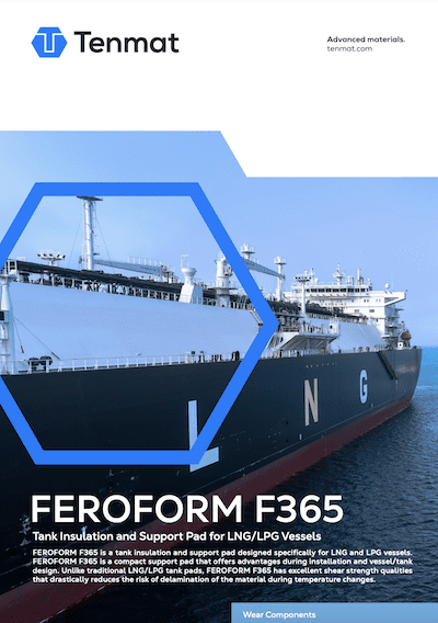 A large LNG vessel at a dock with FEROFORM F365 tank pad information overlayed on the image.