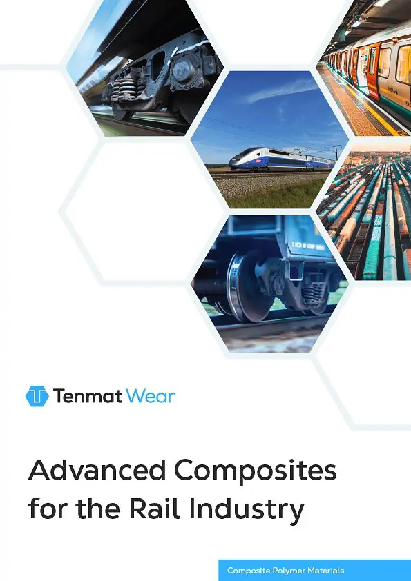 Hexagonal collage of trains, tracks, and rail parts with Advanced Composites for the Rail Industry.