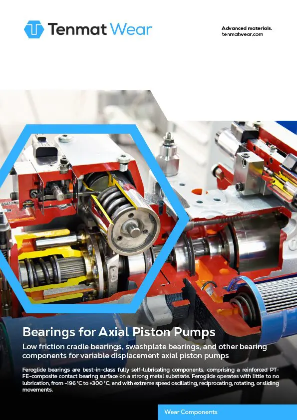 Close-up of axial piston pump components with technical illustrations and Tenmat Wear branding.