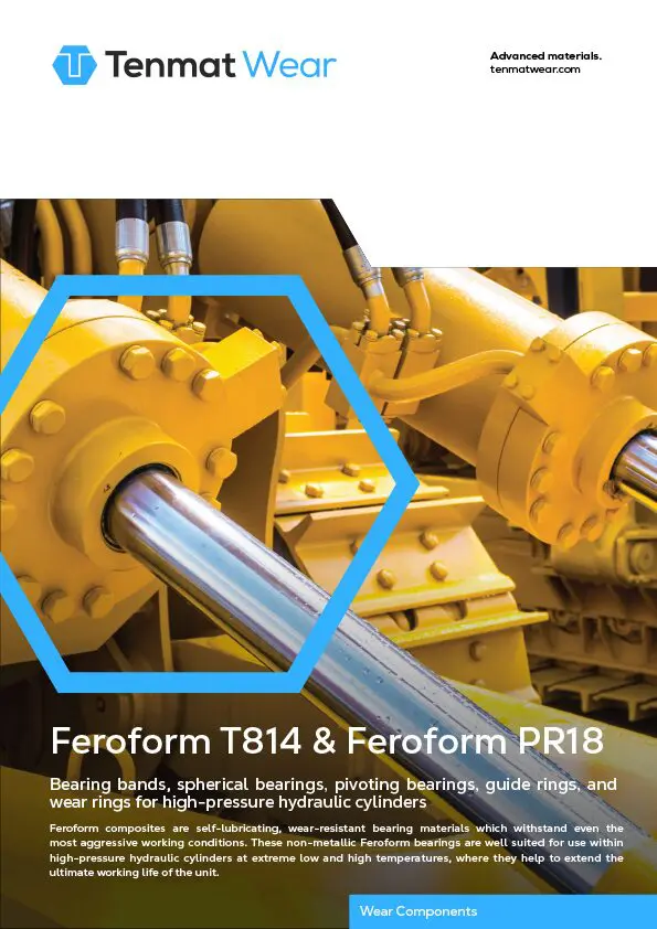 Close-up of yellow hydraulic machinery parts with Tenmat Wear branding and product details overlay.