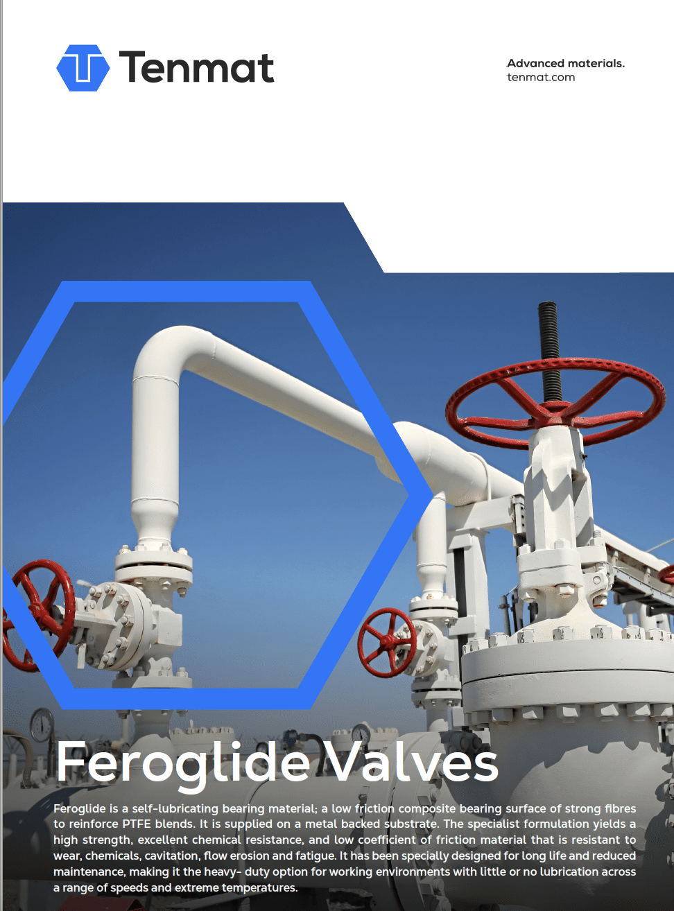 White industrial valves with red handwheels at a plant, with branding for Tenmat and the text Feroglide Valves.