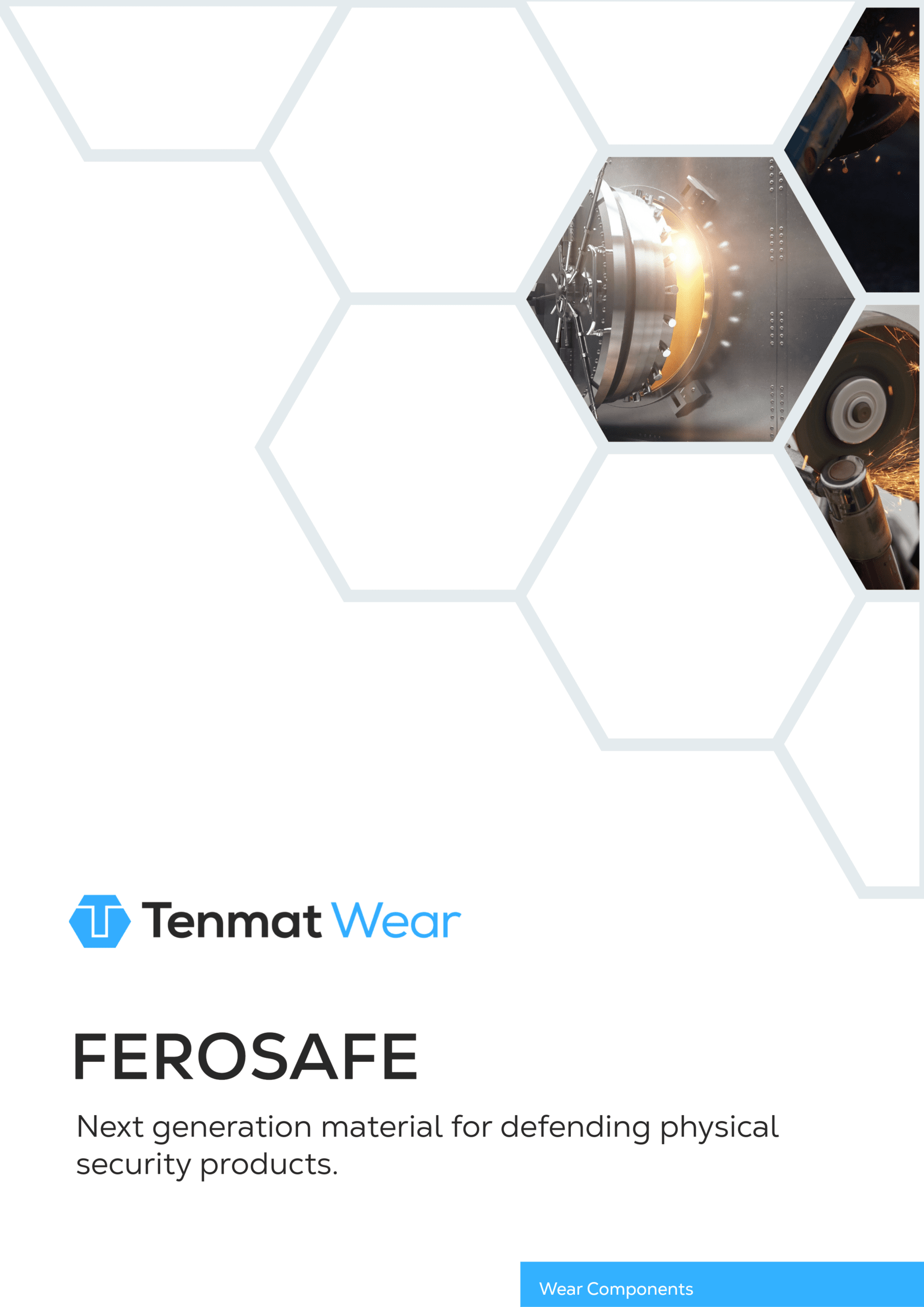 Hexagonal design with machinery images and FEROSAFE security material text at bottom.