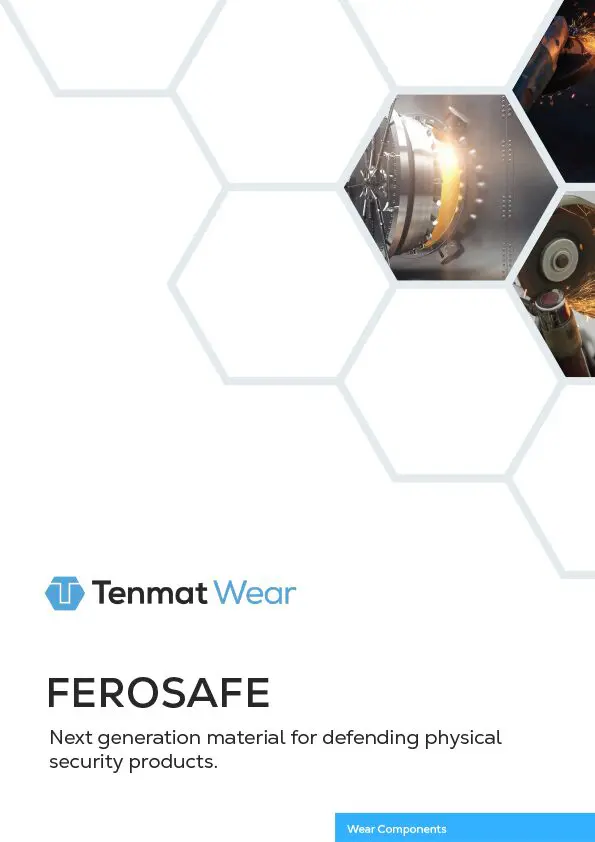Hexagons with machinery images, Tenmat Wear logo, and FEROSAFE product description text.