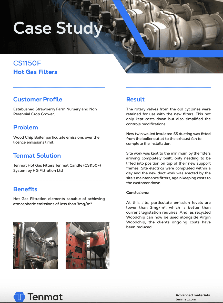A case study document about CS1150F Hot Gas Filters with images of industrial equipment at the top and bottom.
